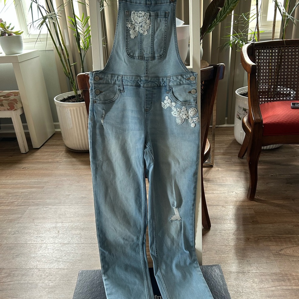 Justice Light Blue Denim Overalls with Floral Embroidery